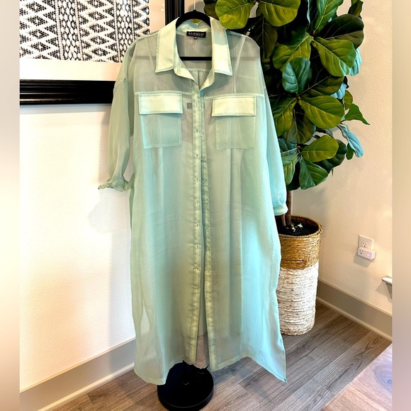 ELOQUII Organza Seafoam/Mint Belted Shirt Dress - Picture 3 of 6